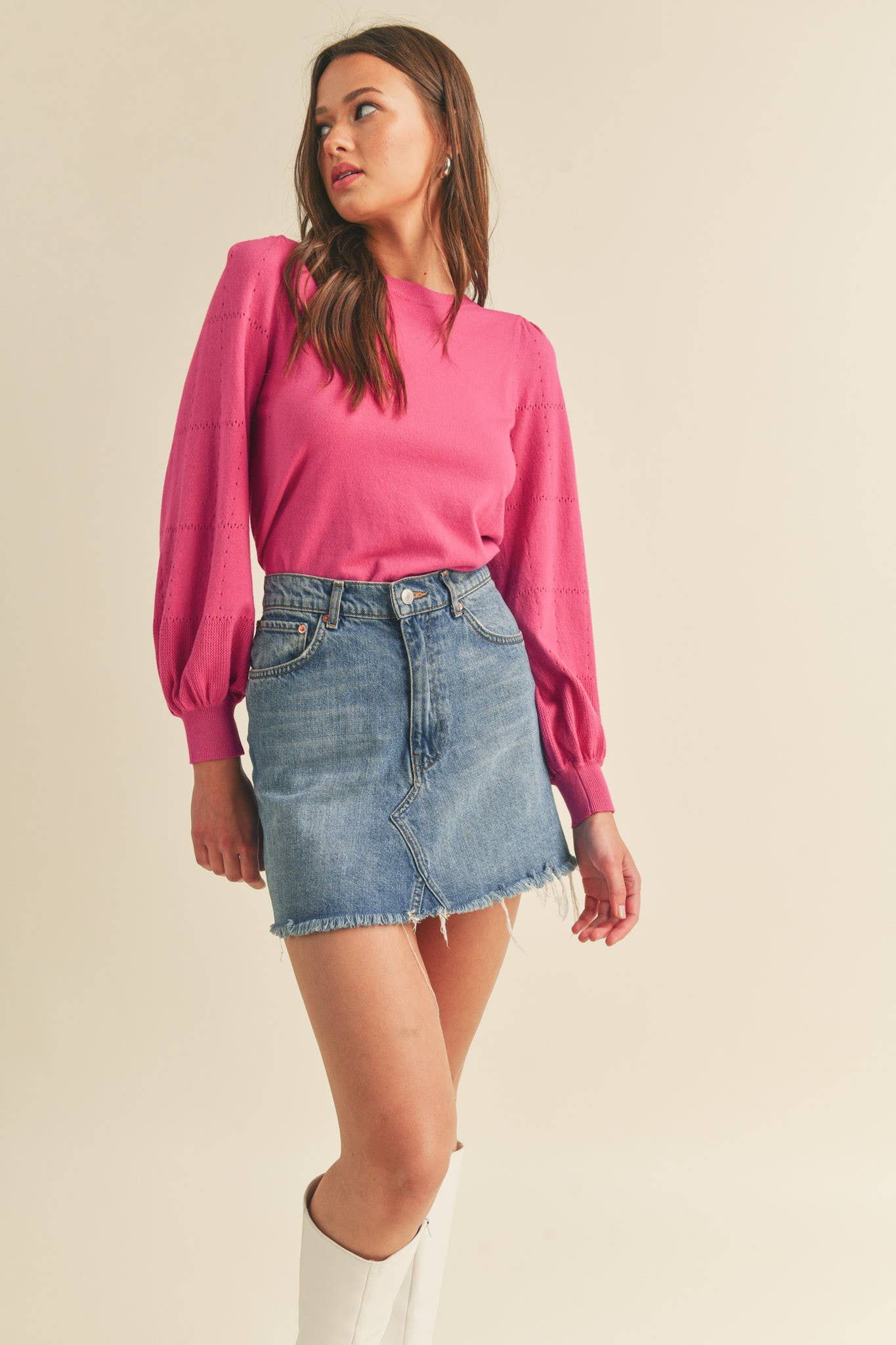 POINTELLE PUFF SLEEVE SWEATER MSW10115