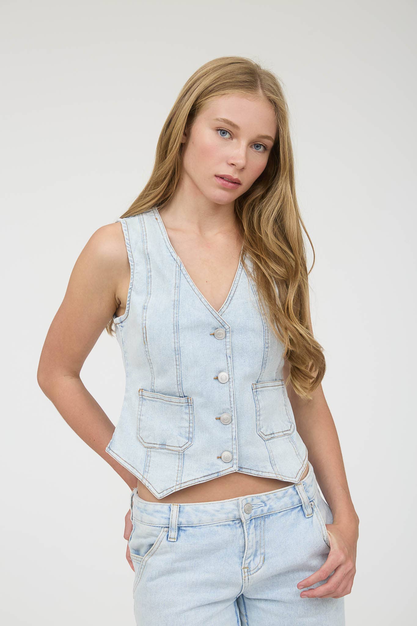 V NECK BUTTON DOWN DENIM VEST