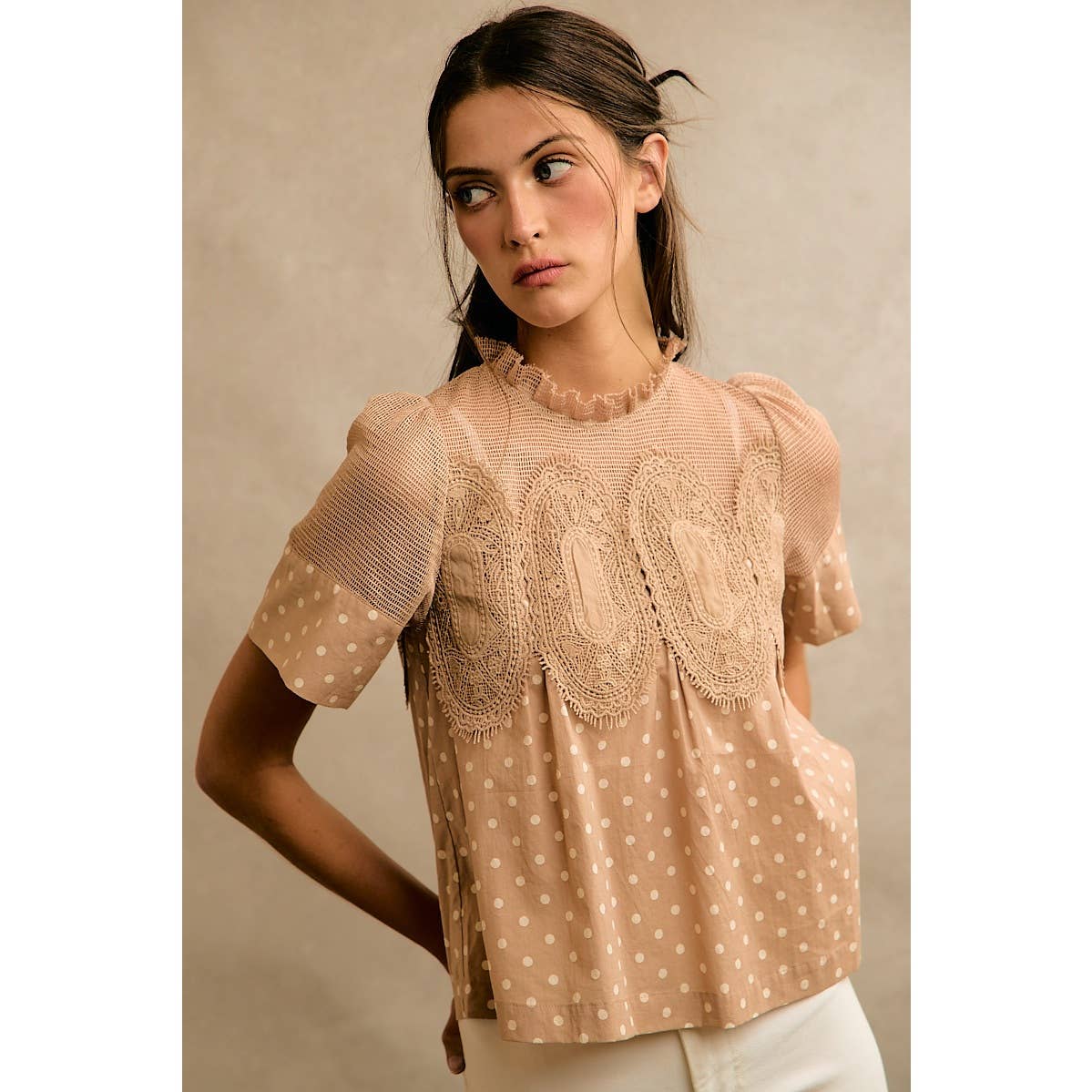 POLKA DOT PRINT LACE TRIM SHORT SLEEVES COTTON BLOUSE TOP
