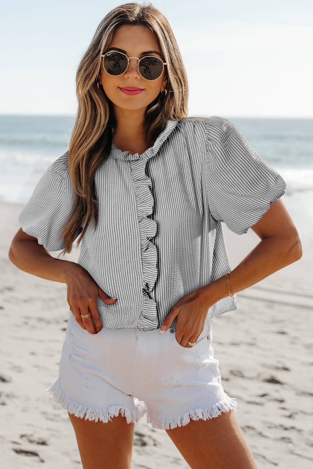 Texture Striped Ruffled Detail Shirt | S-XL