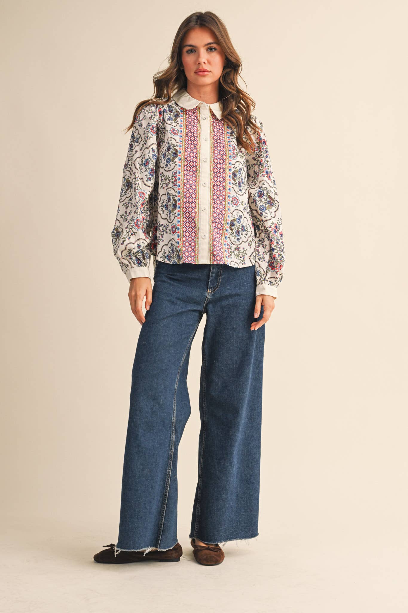 EXCLUSIVE FLORAL BORDER PRINT BUTTON UP TOP