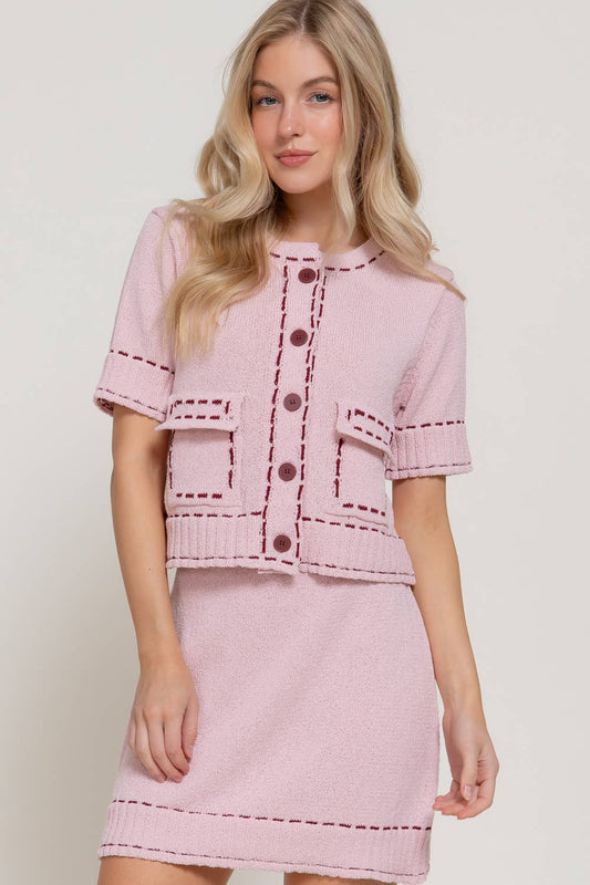Short Sleeve Contrasting Stitched Sweater Cardigan