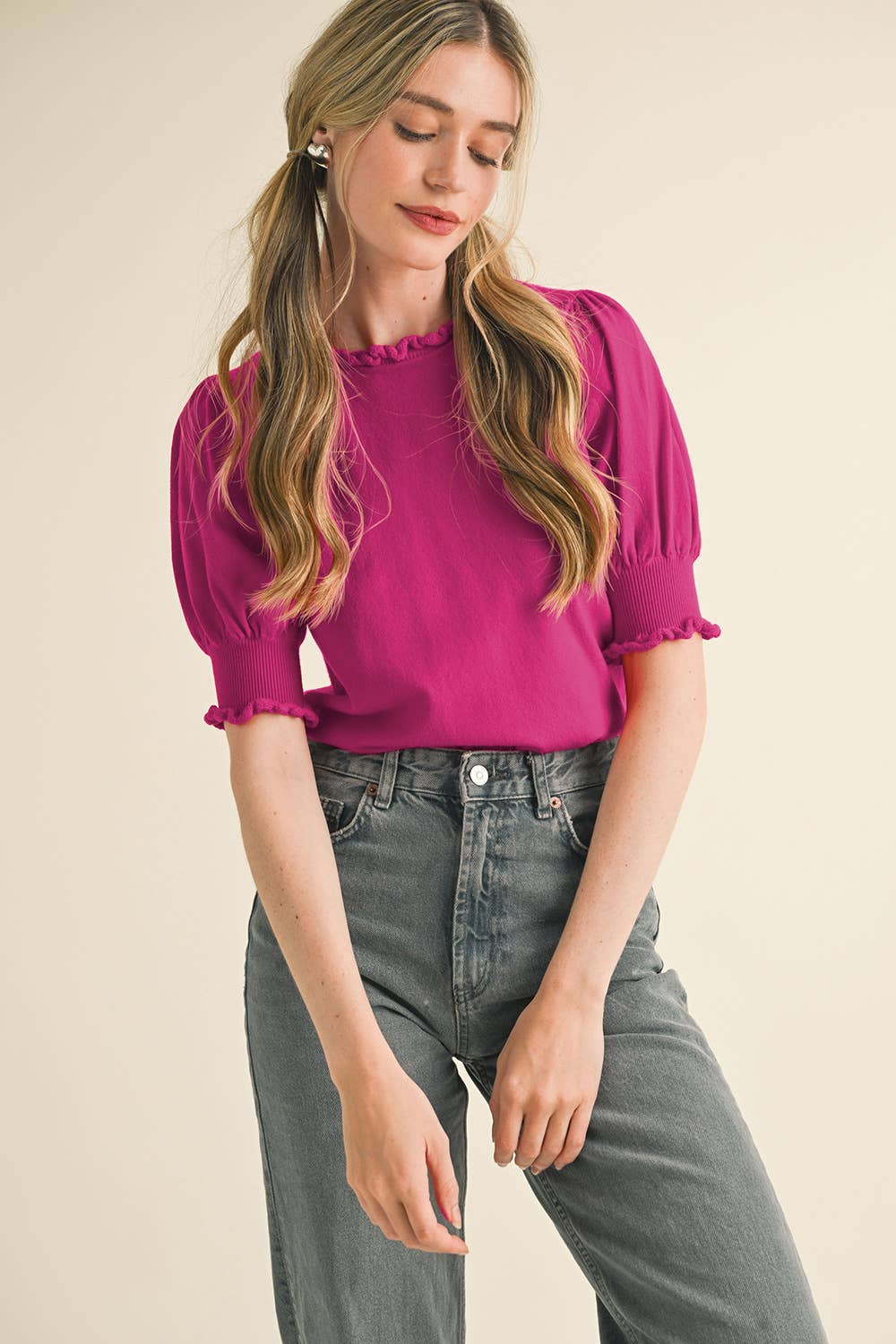 RUFFLE TRIM PUFF SLEEVE SWEATER MAGENTA