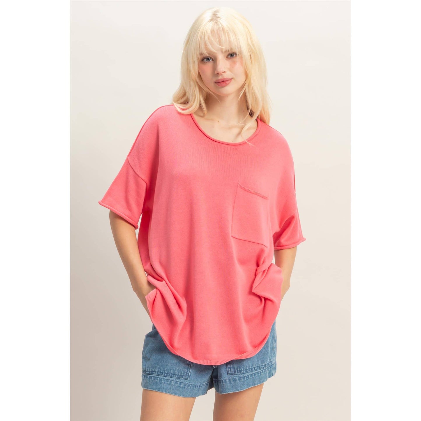 Oversized Short Sleeve Round Neck Pocket Knit Top