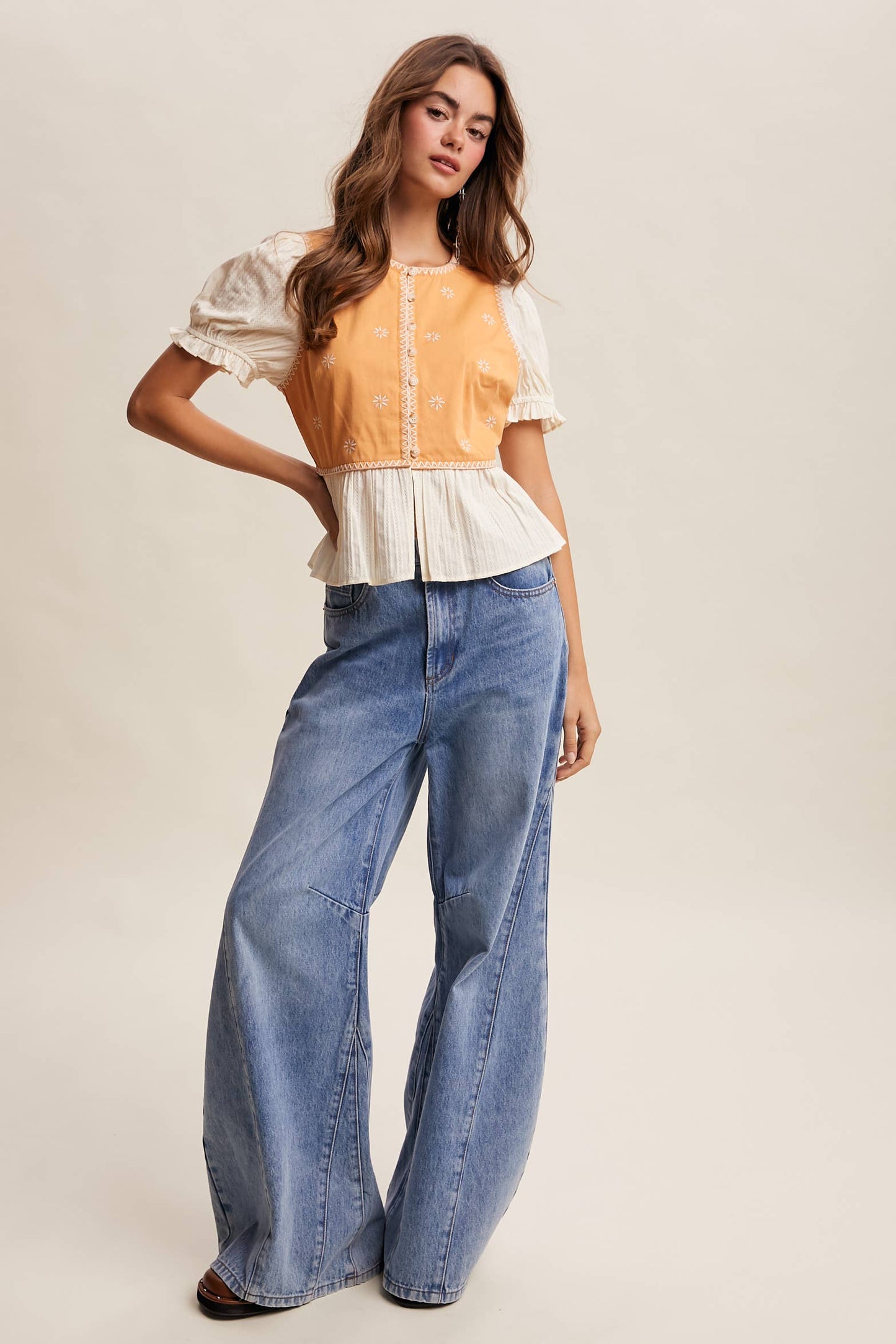 Embroidered Peplum Mixed-Media Top