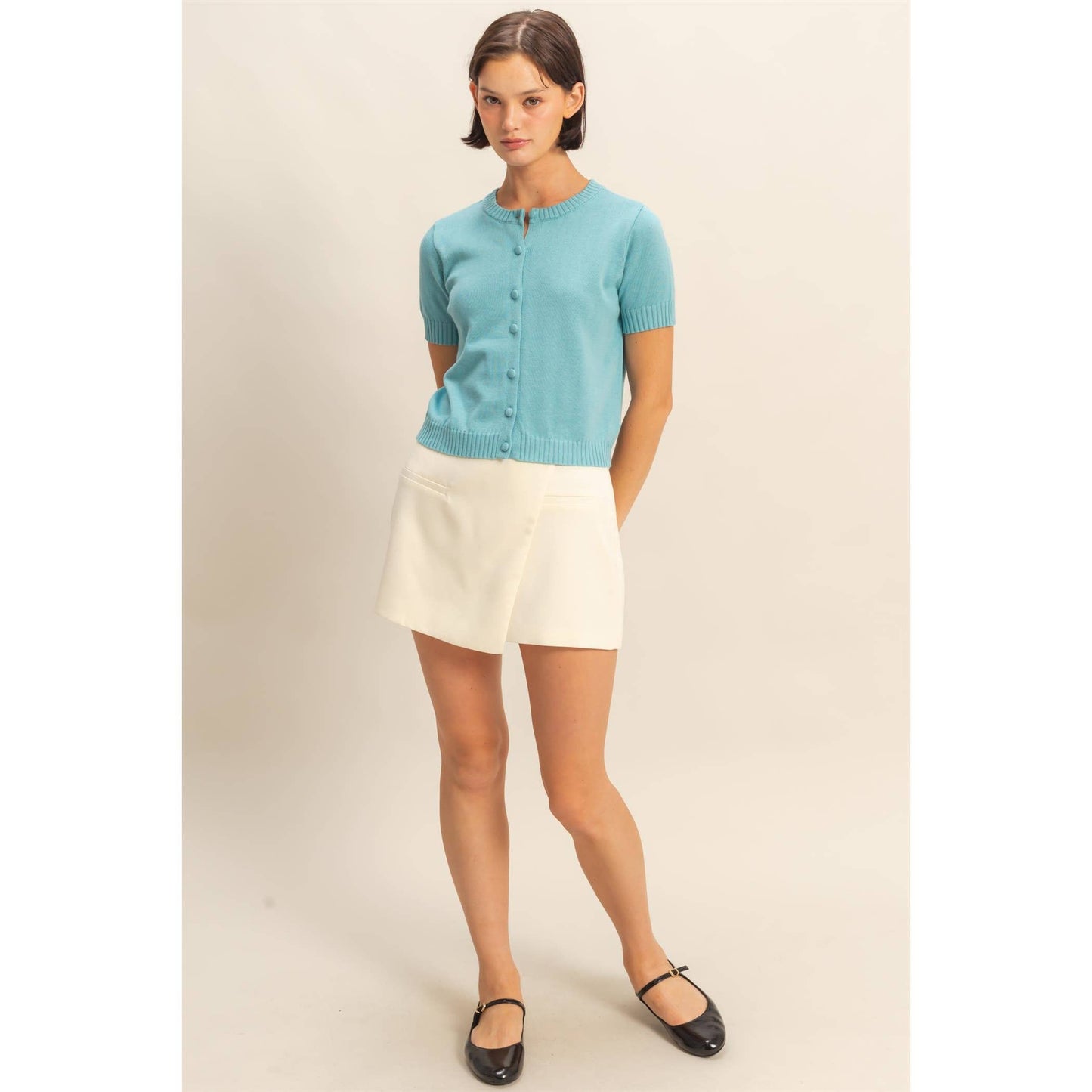 Crew Neck Short Sleeve  Buttoned Cardigan Blue