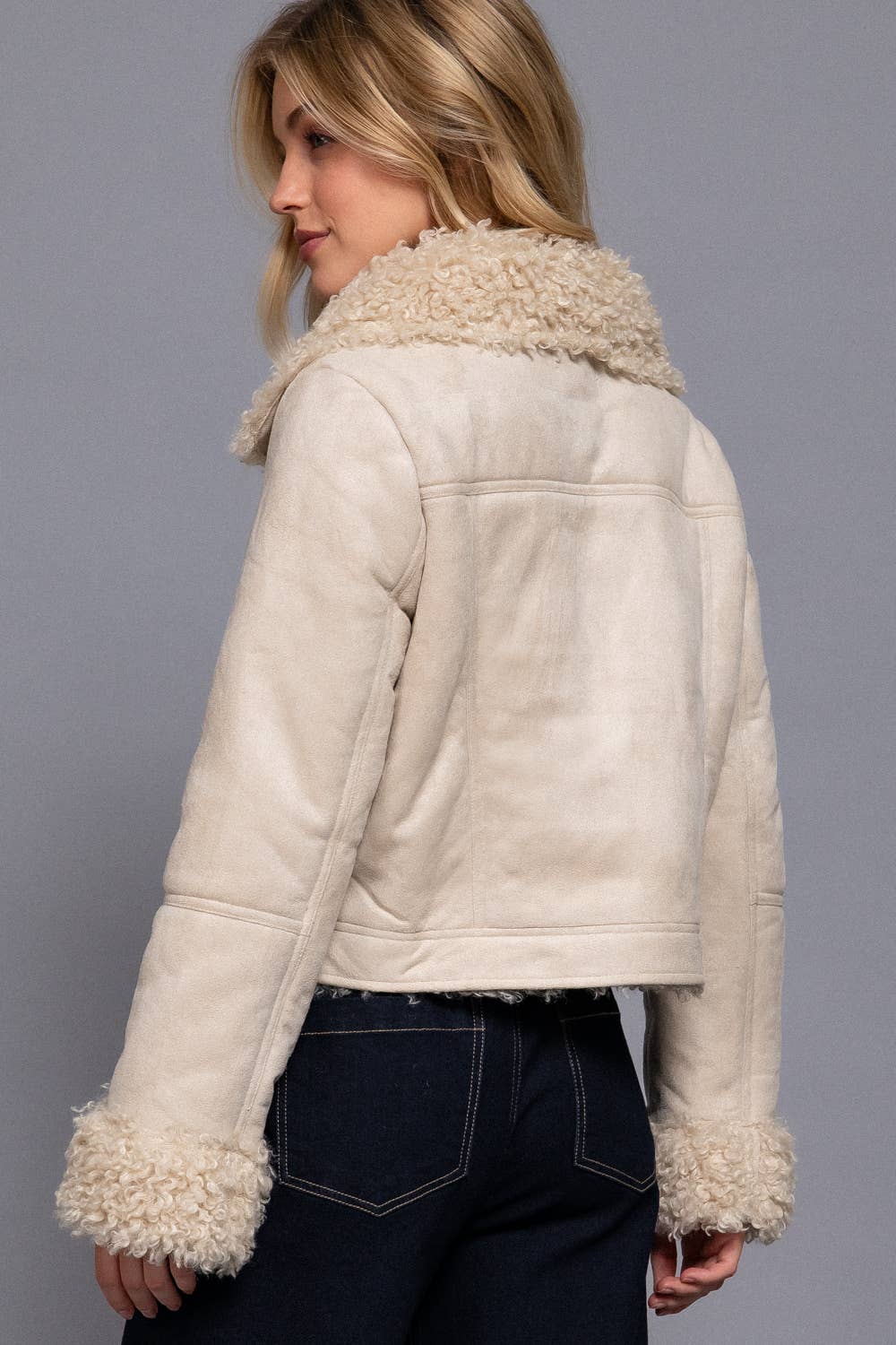 Long Sleeve Inside Fur Detail Penny Lane Suede Short Jacket