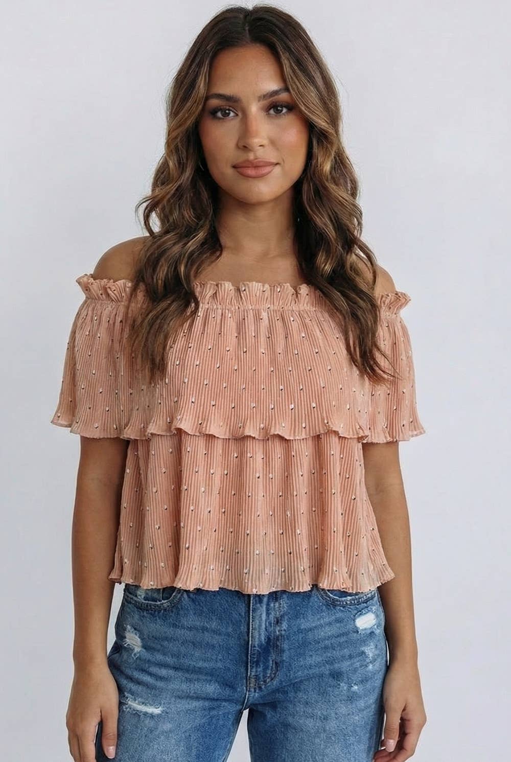 ACCORDION PLEAT FRILL NECK TOP