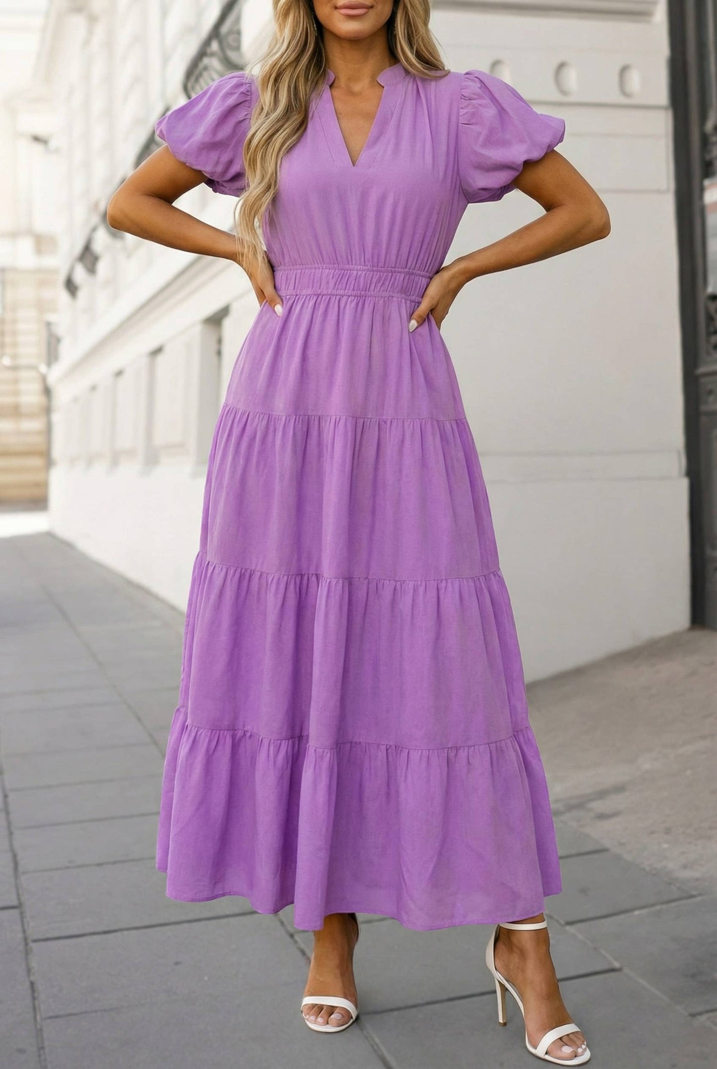 Solid V Neck Short Puff Sleeve Tiered Maxi Dress | S-XL