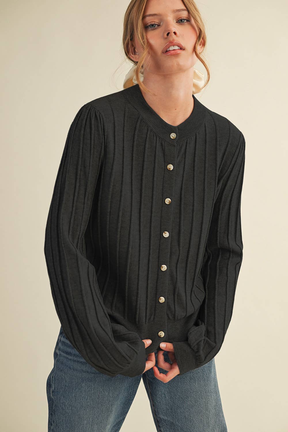 RIBBED SWEATER CARDIGAN Black