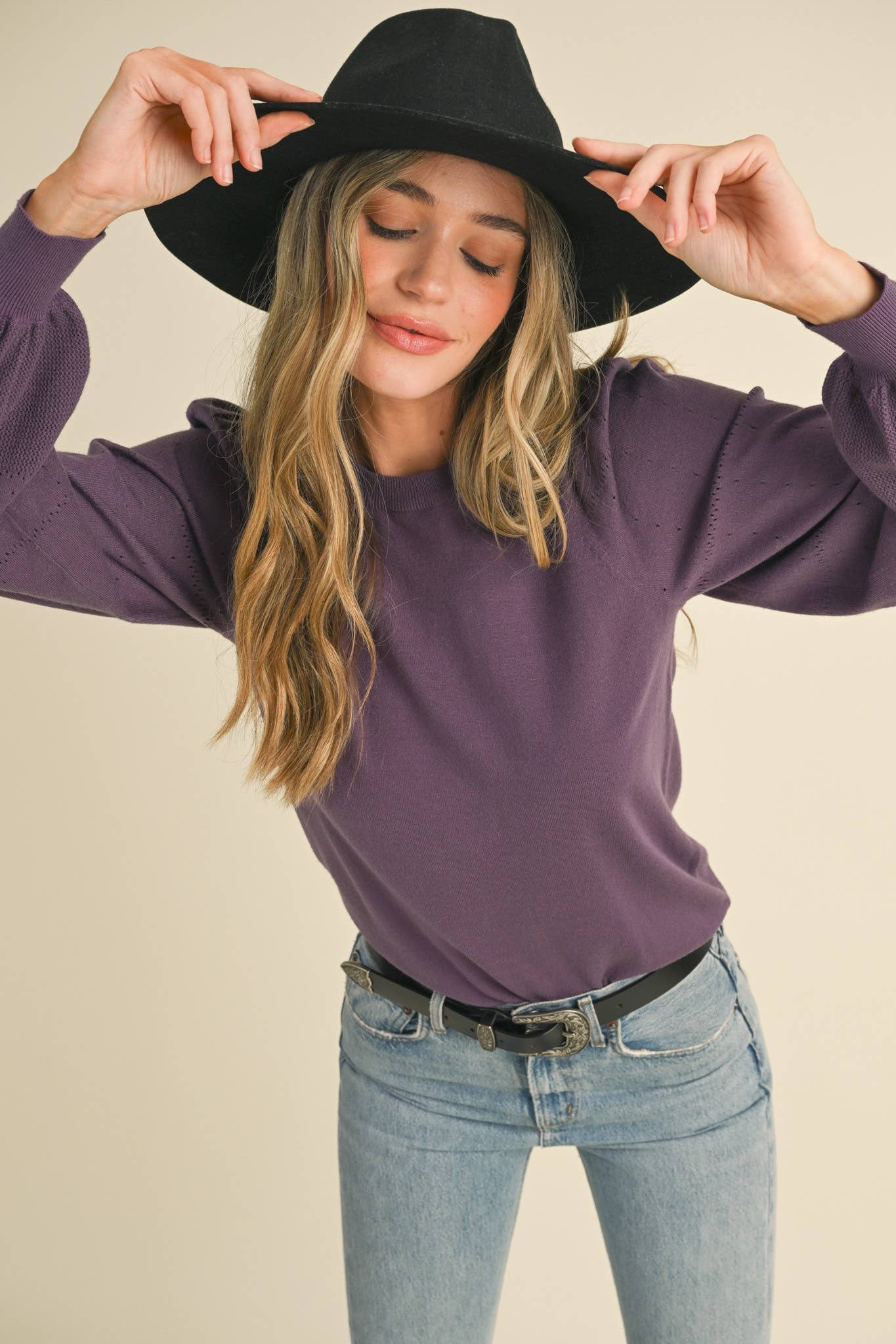 POINTELLE PUFF SLEEVE SWEATER MSW10115