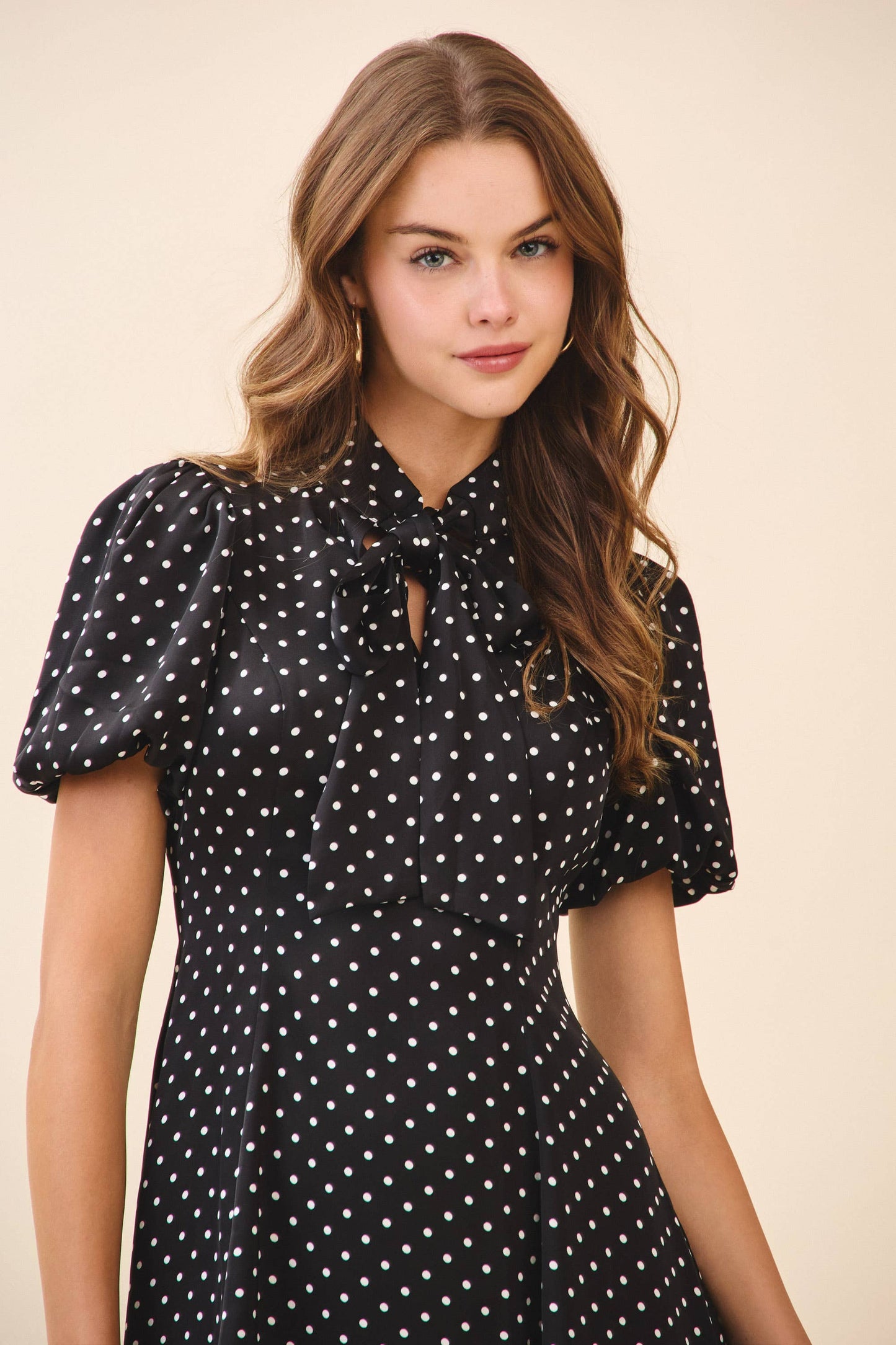 Polka Dot Print Self Tie Bow Neck Mini Dress